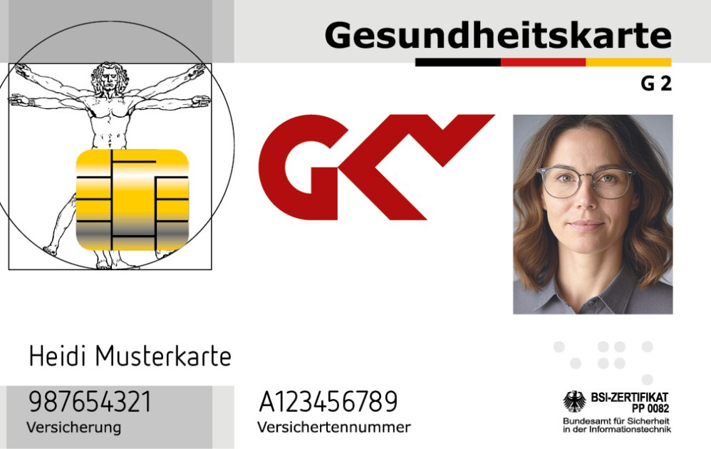 Vorderseite einer beispielhaften elektronischen Gesundheitskarte mit Chip und Passfoto