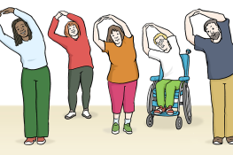 Zeichnung einer Gruppe Menschen, die Gymnastik machen, einer sitzt im Rollstuhl