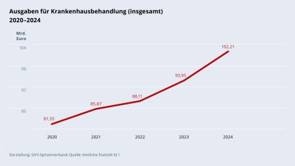 Grafik „Ausgaben für Krankenhausbehandlung (insgesamt)“ im Zeitverlauf 2020–2024 als Liniendiagramm mit folgenden Werten: 2020: 81,55 Mrd.; 2021: 85,87 Mrd. €; 2022: 88,11 Mrd. €; 2023: 93,95 Mrd. €; 2024: 102,21 Mrd. €. Darstellung: GKV-Spitzenverband; Quelle: Amtliche Statistik KJ 1.