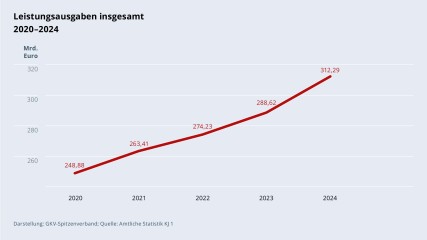 Grafik „Leistungsausgaben insgesamt“ im Zeitverlauf 2020–2024 als Liniendiagramm mit folgenden Werten: 2020: 248,88 Mrd. €; 2021: 263,41 Mrd. €; 2022: 274,23 Mrd. €; 2023: 288,62 Mrd. €; 2024: 312,29 Mrd. €. Darstellung: GKV-Spitzenverband; Quelle: Amtliche Statistik KJ 1.