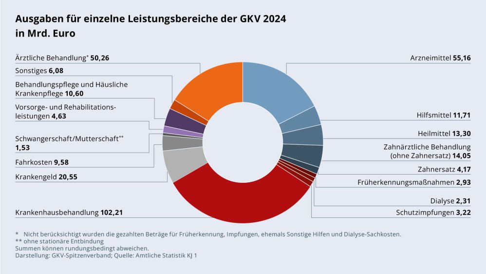 Grafik „Ausgaben für einzelne Leistungsbereiche der GKV 2024 in Mrd. Euro“ als Tortendiagramm mit folgenden Werten: Ärztliche Behandlung: 50,26 Mrd. €; Arzneimittel: 55,16 Mrd. €; Hilfsmittel: 11,71 Mrd. €; Heilmittel: 13,30 Mrd. €; Zahnärztliche Behandlung (ohne Zahnersatz): 14,05 Mrd. €; Zahnersatz: 4,17 Mrd. €; Früherkennungsmaßnahmen: 2,93 Mrd. €; Dialyse: 2,31 Mrd. €; Schutzimpfungen: 3,22 Mrd. €; Krankenhausbehandlung: 102,21 Mrd. €; Krankengeld: 20,55 Mrd. €; Fahrkosten: 9,58 Mrd. €; Schwangerschaft/Mutterschaft: 1,53 Mrd. €; Vorsorge- und Rehabilitations­leistungen: 4,63 Mrd. €; Behandlungspflege und Häusliche Krankenpflege: 10,60 Mrd. €; Sonstiges: 6,08 Mrd. €. Summen können rundungsbedingt abweichen. Darstellung: GKV-Spitzenverband; Quelle: Amtliche Statistik KJ 1.