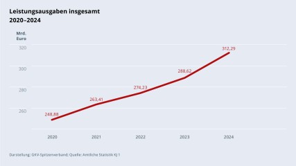 Grafik „Leistungsausgaben insgesamt“ im Zeitverlauf 2020–2024 als Liniendiagramm mit folgenden Werten: 2020: 248,88 Mrd. €; 2021: 263,41 Mrd. €; 2022: 274,23 Mrd. €; 2023: 288,62 Mrd. €; 2024: 312,29 Mrd. €. Darstellung: GKV-Spitzenverband; Quelle: Amtliche Statistik KJ 1.