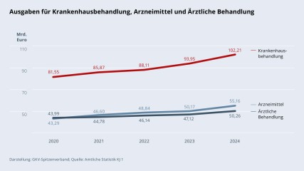 Grafik „Ausgaben für Krankenhausbehandlung, Arzneimittel und Ärztliche Behandlung“ im Zeitverlauf 2020–2024 als Liniendiagramm mit folgenden Werten: Krankenhausbehandlung 2020: 81,55 Mrd. €; Krankenhausbehandlung 2021: 85,87 Mrd. €; Krankenhausbehandlung 2022: 88,11 Mrd. €; Krankenhausbehandlung 2023: 93,95 Mrd. €; Krankenhausbehandlung 2024: 102,21 Mrd. €. Ärztliche Behandlung 2020: 43,99 Mrd. €; Ärztliche Behandlung 2021: 44,78 Mrd. €; Ärztliche Behandlung 2022: 46,14 Mrd. €; Ärztliche Behandlung 2023: 47,12 Mrd. €; Ärztliche Behandlung 2024: 50,26 Mrd. €. Arzneimittel 2020: 43,29 Mrd. €; Arzneimittel 2021: 46,60 Mrd. €; Arzneimittel 2022: 48,84 Mrd. €; Arzneimittel 2023: 50,17 Mrd. €; Arzneimittel 2024: 55,16 Mrd. €. Darstellung: GKV-Spitzenverband; Quelle: Amtliche Statistik KJ 1.