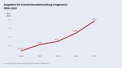 Grafik „Ausgaben für Krankenhausbehandlung (insgesamt)“ im Zeitverlauf 2020–2024 als Liniendiagramm mit folgenden Werten: 2020: 81,55 Mrd.; 2021: 85,87 Mrd. €; 2022: 88,11 Mrd. €; 2023: 93,95 Mrd. €; 2024: 102,21 Mrd. €. Darstellung: GKV-Spitzenverband; Quelle: Amtliche Statistik KJ 1.