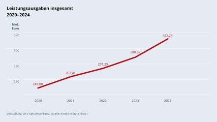 Grafik „Leistungsausgaben insgesamt“ im Zeitverlauf 2020–2024 als Liniendiagramm mit folgenden Werten: 2020: 248,88 Mrd. €; 2021: 263,41 Mrd. €; 2022: 274,23 Mrd. €; 2023: 288,62 Mrd. €; 2024: 312,29 Mrd. €. Darstellung: GKV-Spitzenverband; Quelle: Amtliche Statistik KJ 1.