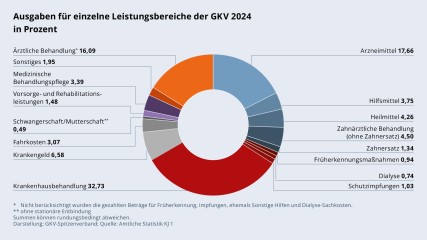 Grafik „Ausgaben für einzelne Leistungsbereiche der GKV 2024 in Prozent“ als Tortendiagramm mit folgenden Werten: Ärztliche Behandlung: 16,09 %; Arzneimittel 17,66 %; Hilfsmittel 3,75 %; Heilmittel 4,26 %; Zahnärztliche Behandlung (ohne Zahnersatz) 4,50 %; Zahnersatz 1,34 %; Früherkennungsmaßnahmen 0,94 %; Dialyse 0,74 %; Schutzimpfungen 1,03 %; Krankenhausbehandlung 32,73 %; Krankengeld 6,58 %; Fahrkosten 3,07 %; Schwangerschaft/Mutterschaft 0,49 %; Vorsorge- und Rehabilitations­leistungen 1,48 %; Medizinische Behandlungspflege 3,39 %; Sonstiges 1,95 %. Summen können rundungsbedingt abweichen. Darstellung: GKV-Spitzenverband; Quelle: Amtliche Statistik KJ 1.