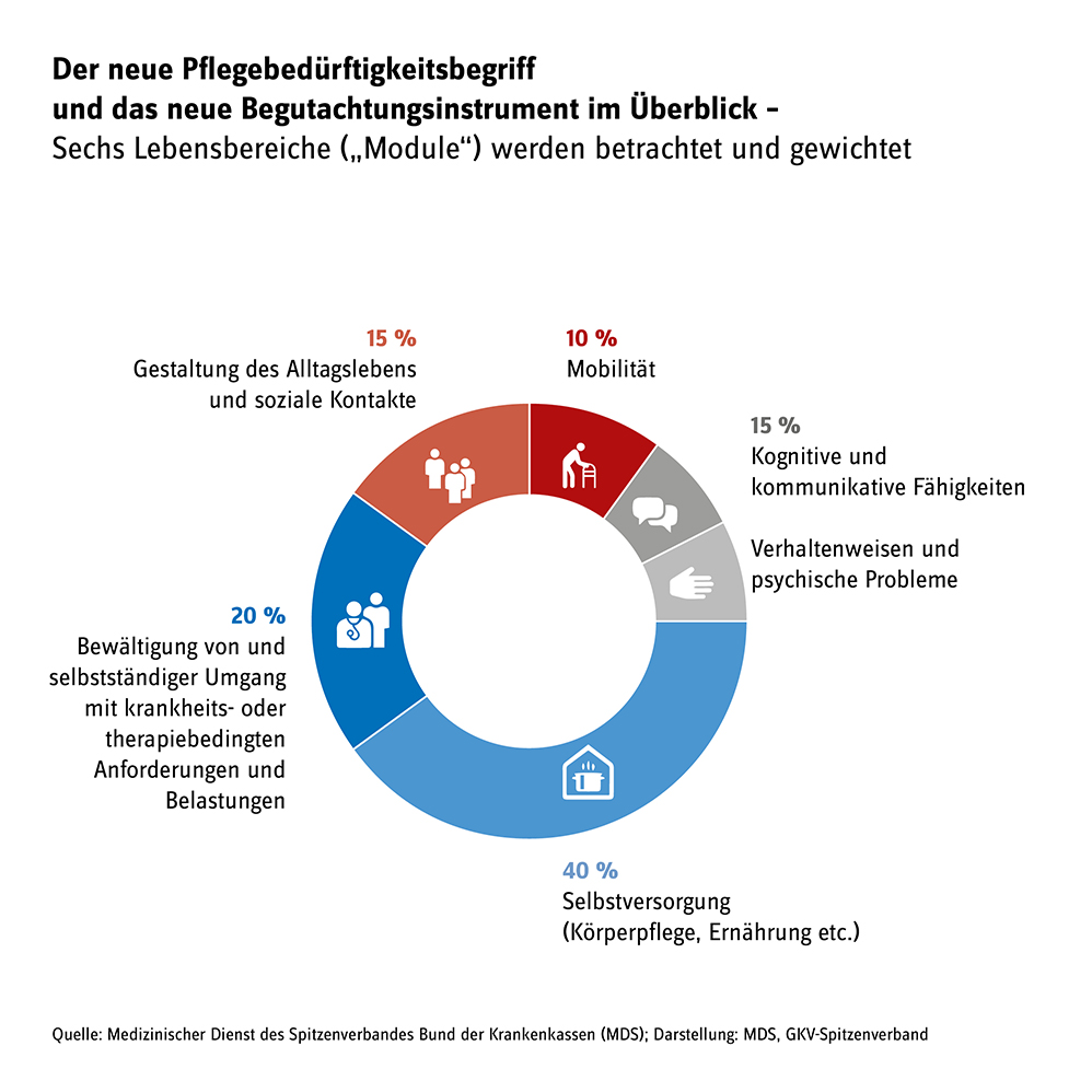 Die Graffik zeigt die sechs Lebensbereiche und deren Gewichtung für den neuen Pflegebedürftigkeitsbegriff. 