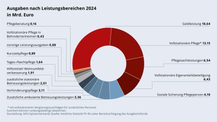 Grafik „Ausgaben nach Leistungsbereichen 2024 in Mrd. Euro“ als Tortendiagramm mit folgenden Werten: Geldleistung: 18,64 Mrd. €; Vollstationäre Pflege: 13,15 Mrd. €; Pflegesachleistungen: 6,54 Mrd. €; Vollstationäre Eigenanteilsbeteiligung: 6,43 Mrd. €; Soziale Sicherung der Pflegeperson: 4,10 Mrd. €; zusätzliche ambulante Betreuungsleistungen: 3,36 Mrd. €; Verhinderungspflege: 3,11 Mrd. €; zusätzliche stationäre Betreuungsleistungen: 2,01 Mrd. €; Hilfsmittel/Wohnumfeldverbesserung: 1,91 Mrd. €; Tages-/Nachtpflege: 1,64 Mrd. €; Kurzzeitpflege: 0,89 Mrd. €; sonstige Leistungsausgaben: 0,88 Mrd. €; Vollstationäre Pflege in Behindertenheimen: 0,43 Mrd. €; Pflegeberatung: 0,16 Mrd. €. Summen können rundungsbedingt abweichen. Darstellung: GKV-Spitzenverband; Quelle: Amtliche Statistik PV 45 unter Berücksichtigung des Ausgleichsfonds.