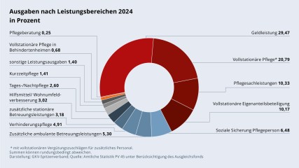 Grafik „Ausgaben nach Leistungsbereichen 2024 in Prozent“ als Tortendiagramm mit folgenden Werten: Geldleistung: 29,47 %; Vollstationäre Pflege: 20,79 %; Pflegesachleistungen: 10,33 %; Vollstationäre Eigenanteilsbeteiligung: 10,17 %; Soziale Sicherung der Pflegeperson: 6,48 %; zusätzliche ambulante Betreuungsleistungen: 5,30 %; Verhinderungspflege: 4,91 %; zusätzliche stationäre Betreuungsleistungen: 3,18 %; Hilfsmittel/Wohnumfeldverbesserung: 3,02 %; Tages-/Nachtpflege: 2,60 %; Kurzzeitpflege: 1,41 %; sonstige Leistungsausgaben: 1,40 %; Vollstationäre Pflege in Behindertenheimen: 0,68 %; Pflegeberatung: 0,27 %. Summen können rundungsbedingt abweichen. Darstellung: GKV-Spitzenverband; Quelle: Amtliche Statistik PV 45 unter Berücksichtigung des Ausgleichsfonds.