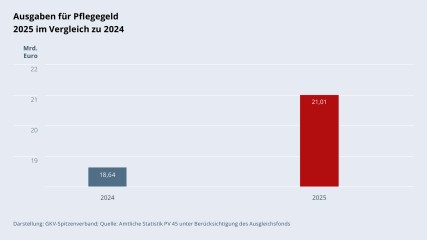 Grafik „Ausgaben für Pflegegeld 2025 im Vergleich zu 2024“ als Säulendiagramm mit folgenden zwei Werten im Vergleich: 2024: 18,64 Mrd. €; 2025: 21,01 Mrd. €. Darstellung: GKV-Spitzenverband; Quelle: Amtliche Statistik PV 45 unter Berücksichtigung des Ausgleichsfonds.
