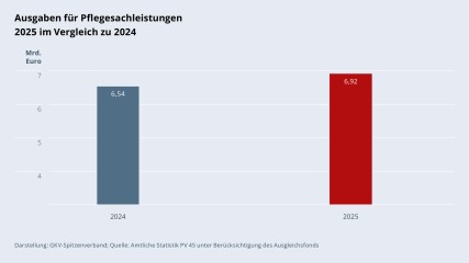Grafik „Ausgaben für Pflegesachleistung 2025 im Vergleich zu 2024“ als Säulendiagramm mit folgenden zwei Werten im Vergleich: 2024: 6,54 Mrd. €; 2025: 6,92 Mrd. €. Darstellung: GKV-Spitzenverband; Quelle: Amtliche Statistik PV 45 unter Berücksichtigung des Ausgleichsfonds.